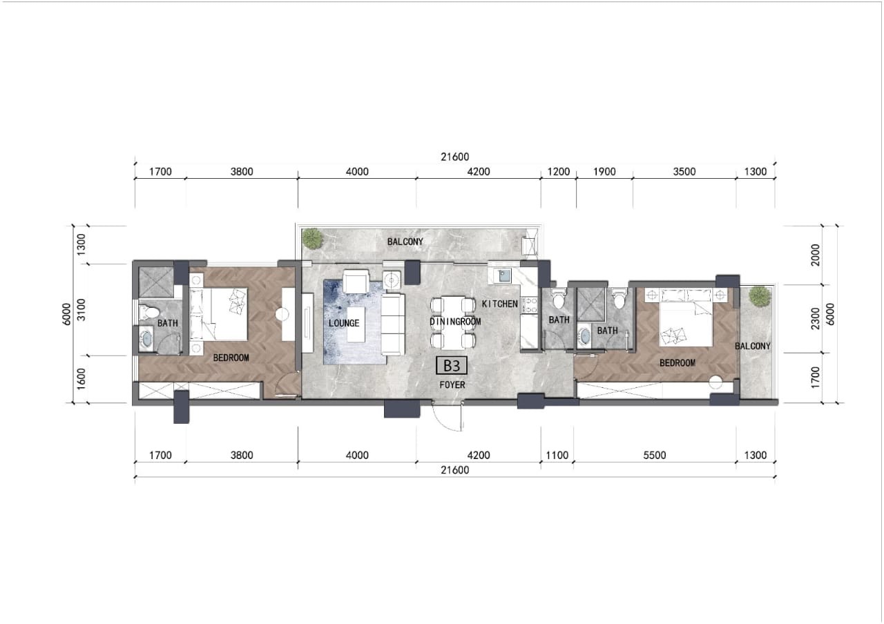 Riara Oasis B3 two-bedroom floor plan with two ensuite bedrooms and balconies